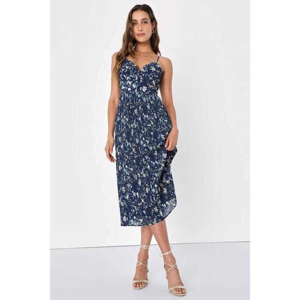 Lulus Poise And Perfection Navy Floral Print Pleated Midi Dress Blue - Size L